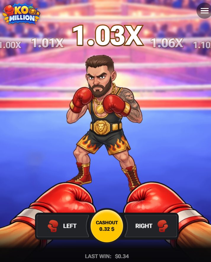 KO Million en format vertical sur smartphone : multiplicateur en haut, adversaire au centre, boutons sous les gants
