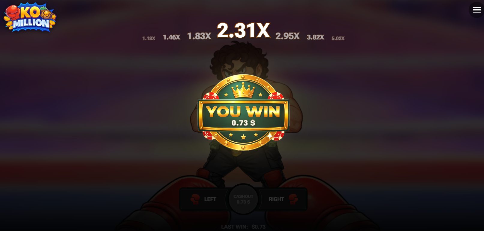 Écran You Win de KO Million : gain encaissé à 2.31x après plusieurs coups réussis
