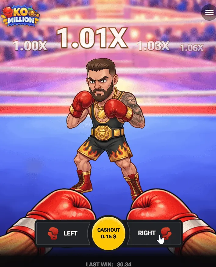 Boutons Left, Cashout et Right de KO Million, multiplicateur à 1.01x