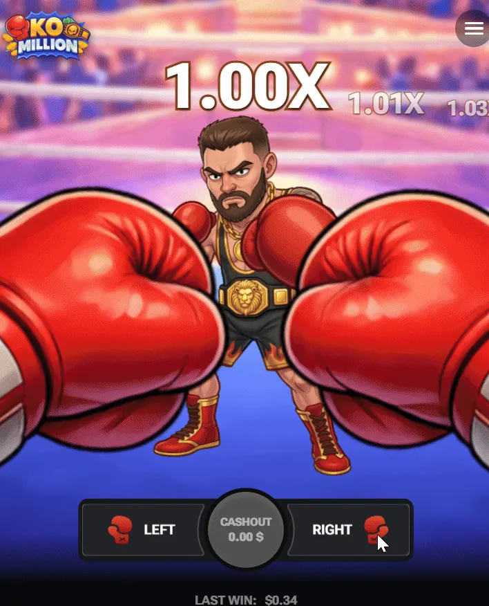 Début du combat dans KO Million : gants levés face au boxeur adverse, multiplicateur à 1.00x