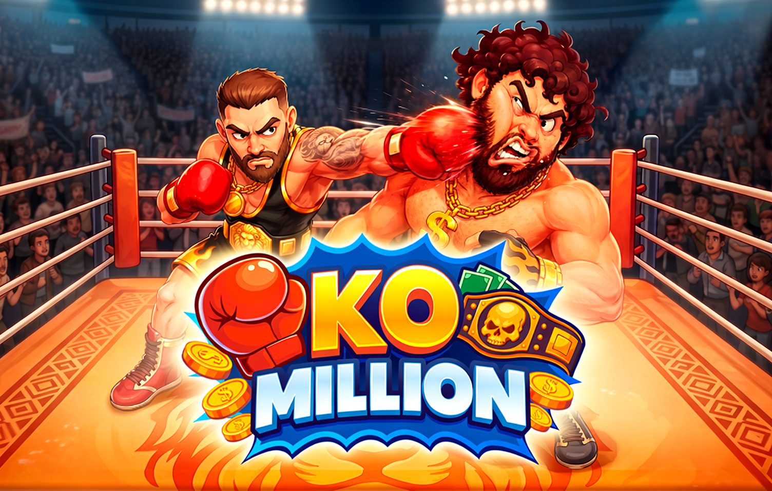 KO Million : un boxeur envoie un crochet à son adversaire sur le ring, devant le logo du jeu d'InOut Games
